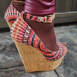 Colorful peep toe platform wedge heels